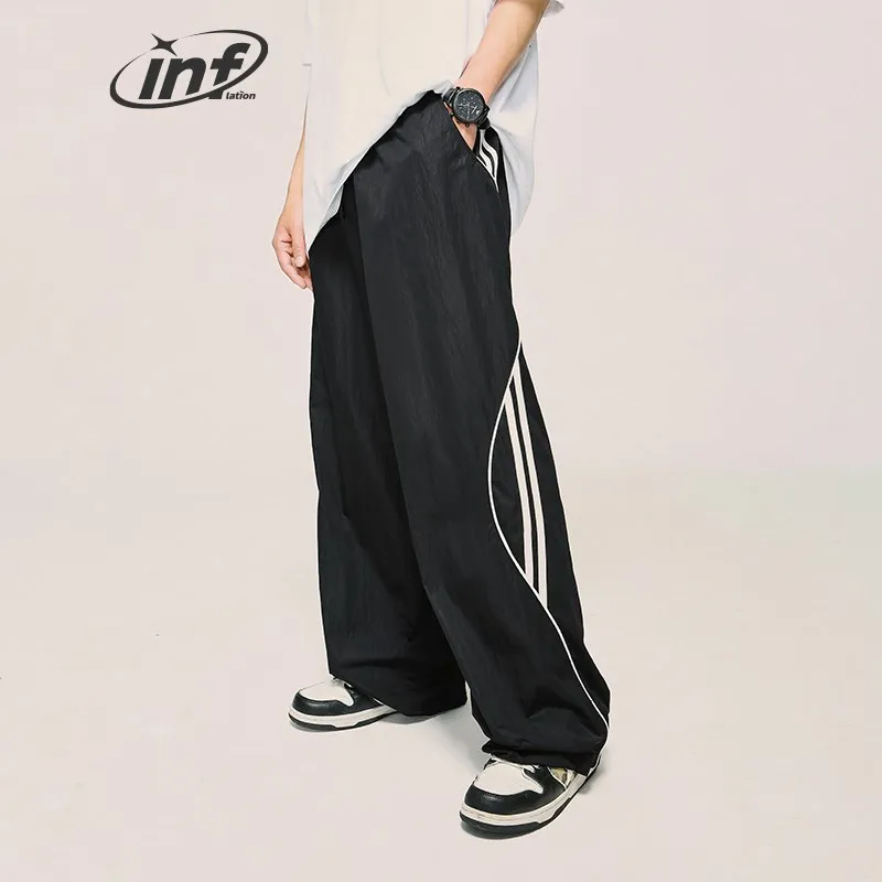 

Alt Basics Black Striped Wide Leg Pants Unisex Drawstring Waist Sportswear Track Pants