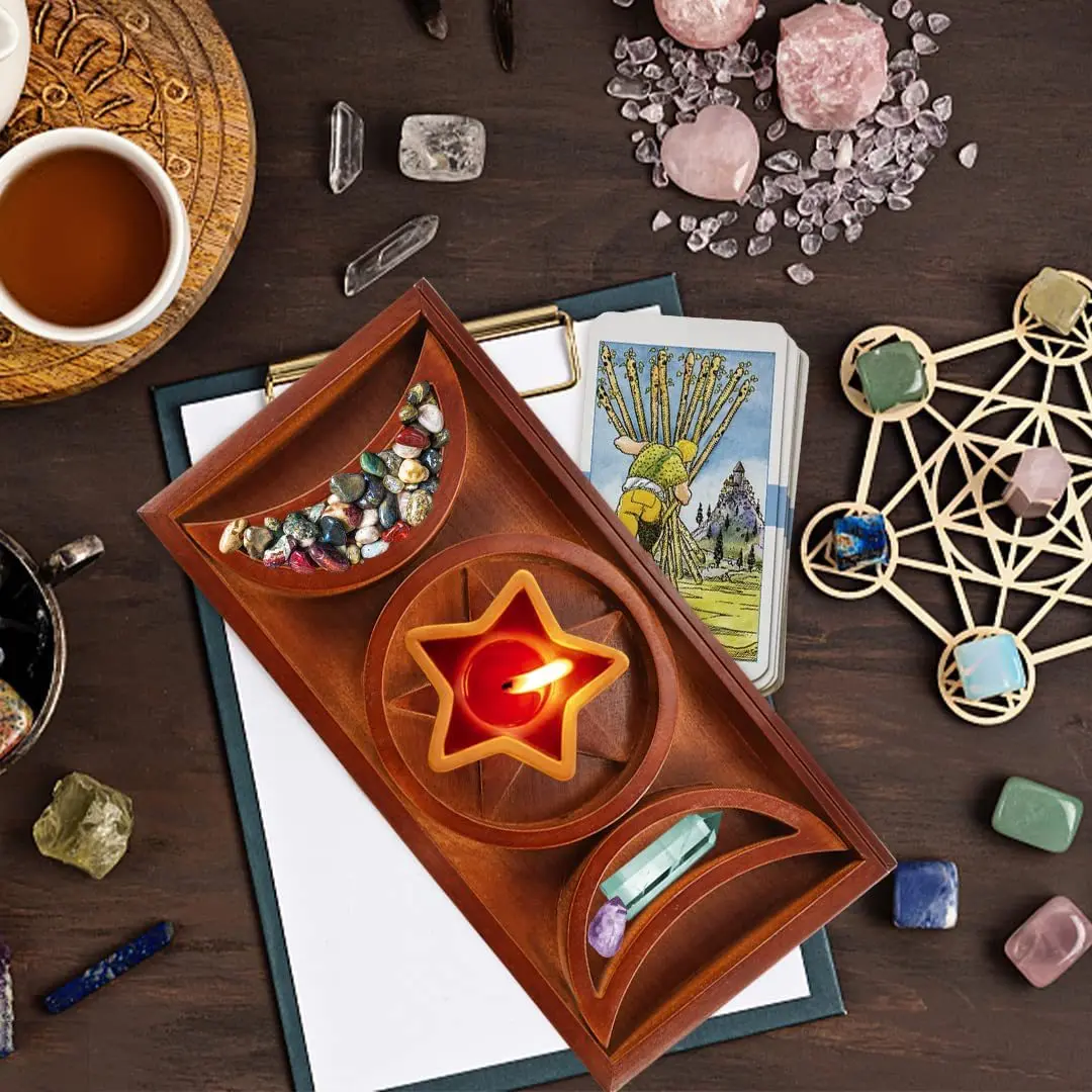 Nuovo Wicca Crystal Storage Torre in legno Supporto per tarocchi Tee Fase Moon Star Crtsmanip Decorazioni per la casa Artefatti dal design unico