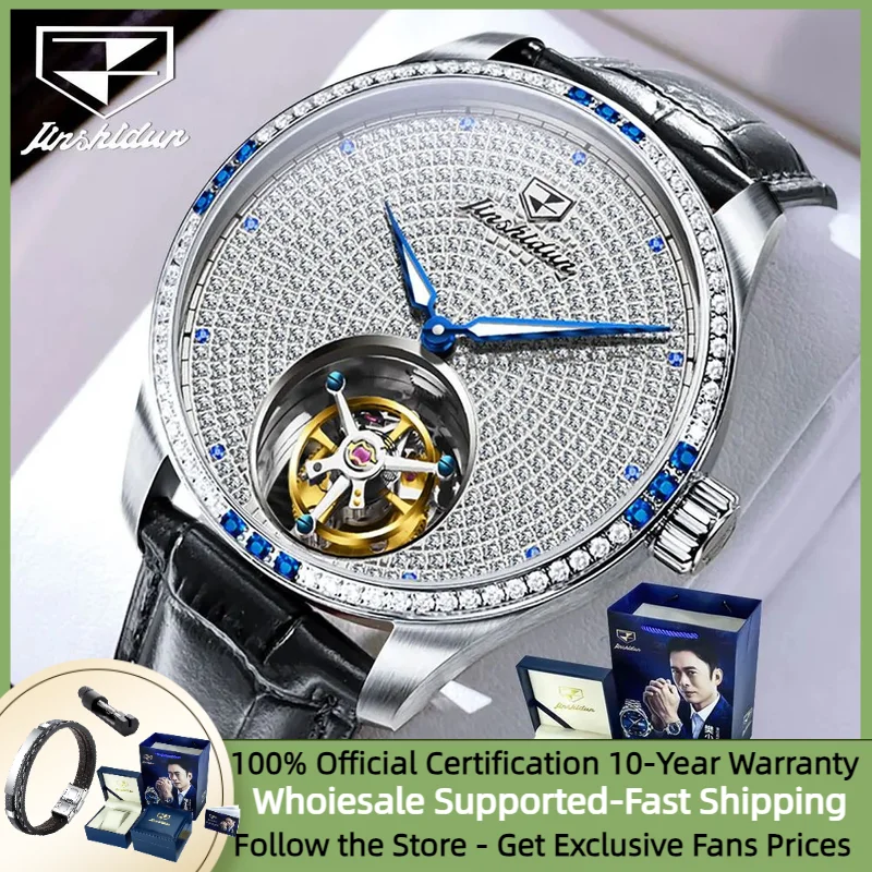 JSDUN Tourbillon Men's Automatic Mechanical Watch Full Diamond Dial 50M Waterproof Luxury Men's Watches Original Wristwatch Men