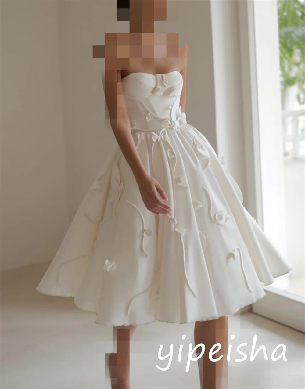 Sukienki midi bez ramiączek, w kształcie litery A, z plisami w kwiaty, z charmeuse, klasyczne, eleganckie, szyte na miarę, na specjalne okazje.