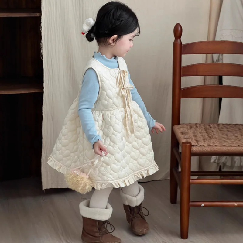 2025 Autumn Winter Thick Children's Clothes Girls' Heart-shaped Quilted Vest Dress Sleeveless 3-10 Years Top Bottom Outfit