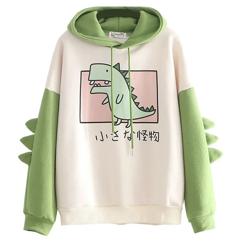 Kadınlar için boy dinozor karikatür Hoodie, rahat baskı, kalın kazak, Dino Tops, kore tarzı, moda, kış