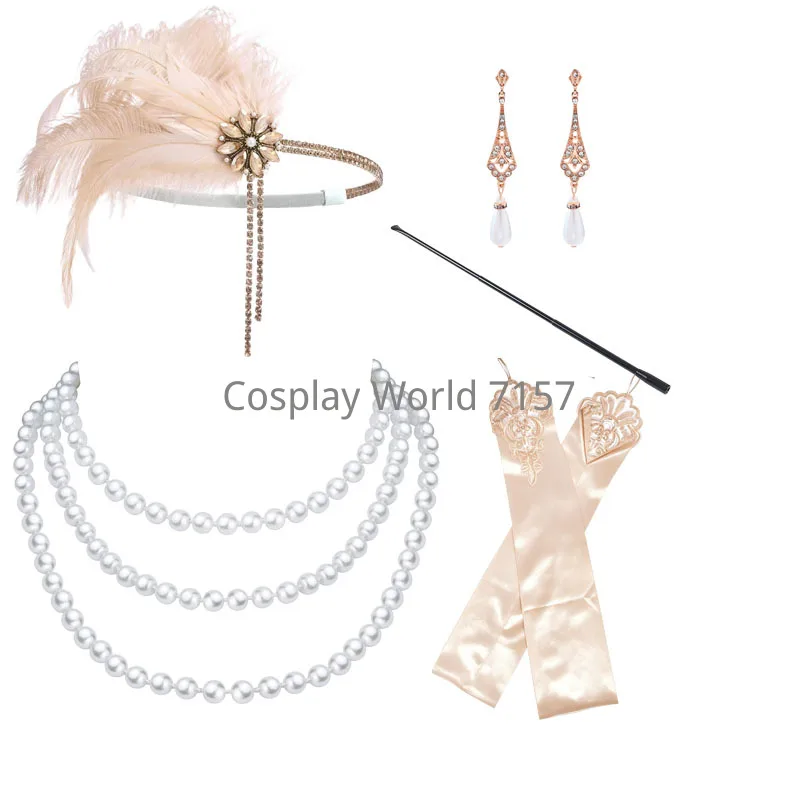 1920s Flapper Dress Accessories Retro Party Props GATSBY CHARLESTON Headband Pearl Necklace White Feather Band for Party