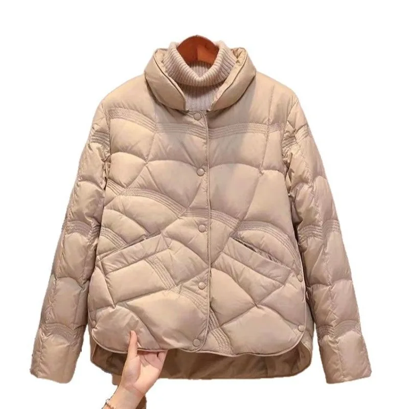 Chaqueta de plumón para mujer, abrigo corto acolchado cálido con cuello levantado, abrigo ligero fino de plumón de pato blanco a la moda, Top de otoño e invierno