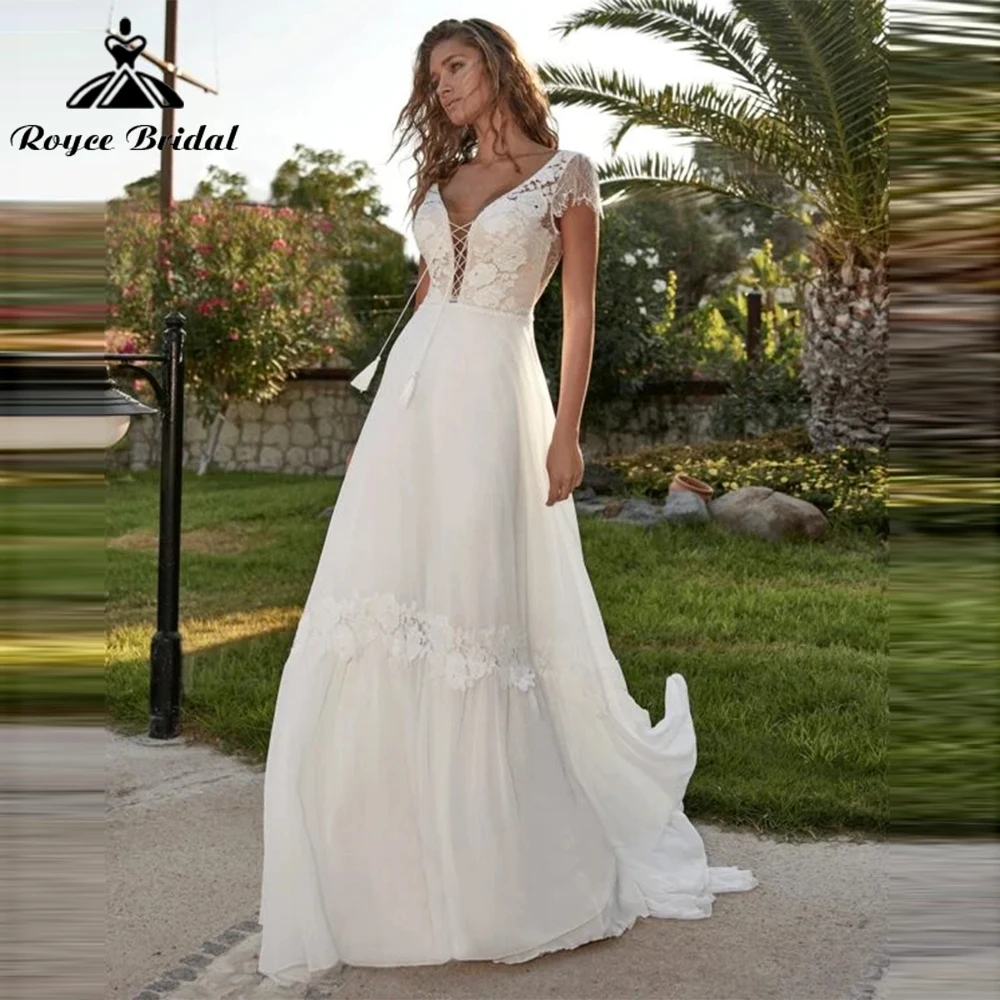 Boho a-line abiti da sposa per le donne abiti da sposa Sexy con scollo a v in pizzo manica senza schienale Lace Up nappa Chiffon Sweep vestidos de