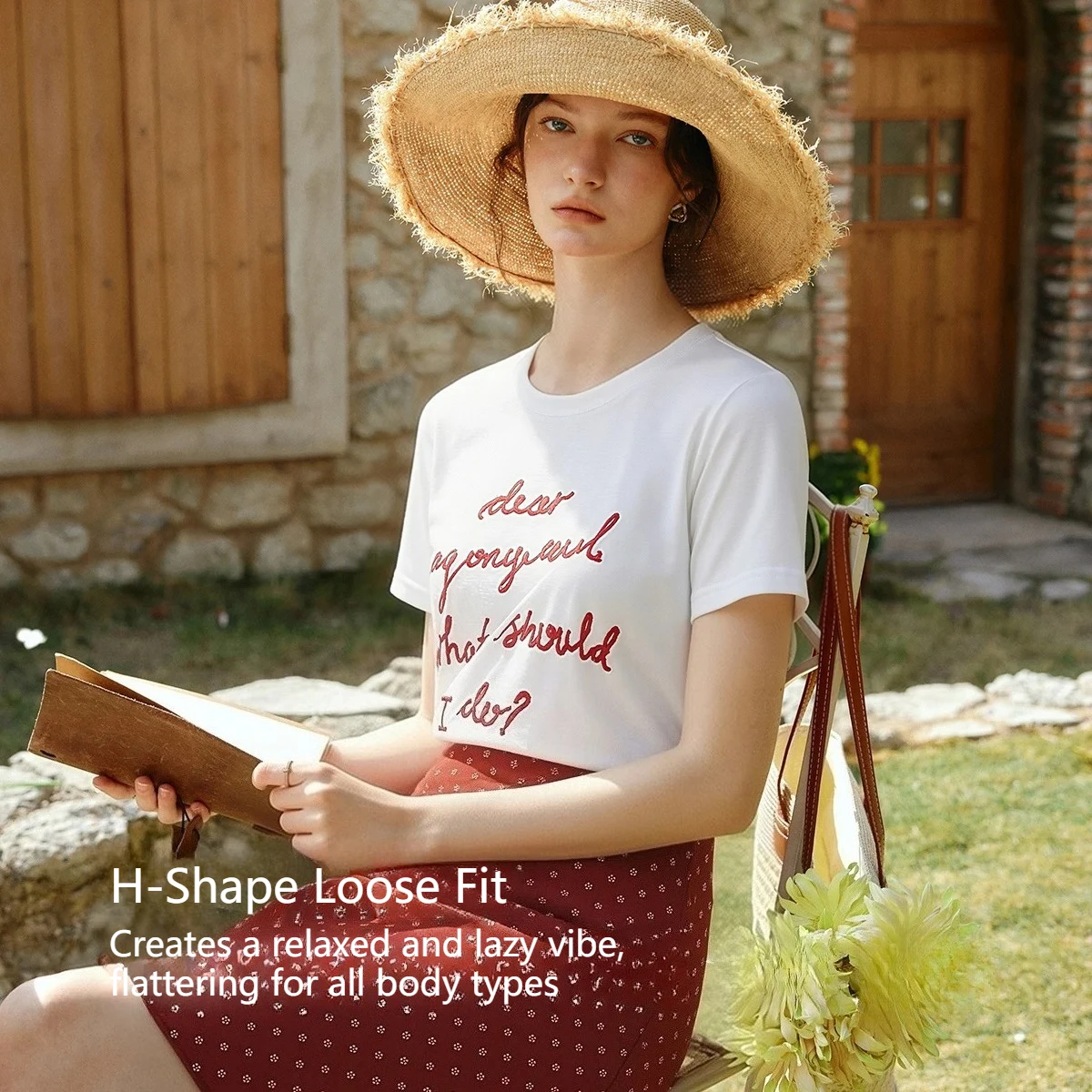 OLrain Casual Contrast Letter Embroidery Basic Tee 2026 Summer Versatile Crew Neck Loose Short Sleeve Top Women O58XT005803