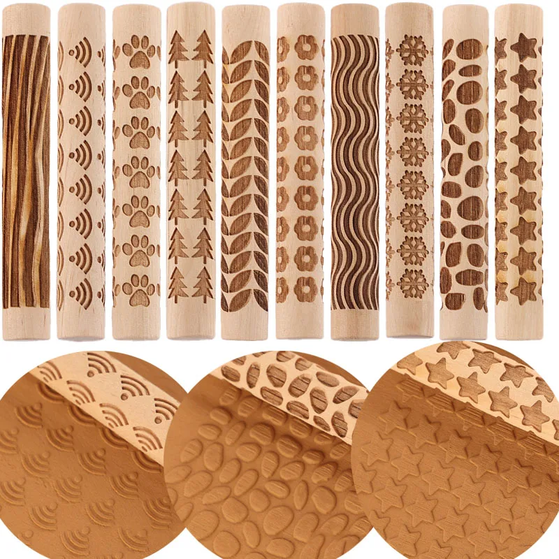 Wooden Embossed Rolling Pin Laser Engraving School Pottery Bar Special Clay Soft Ceramic Texture Roller