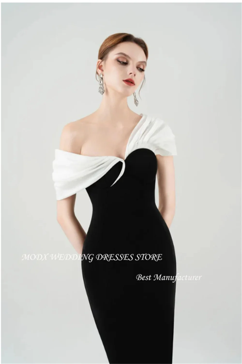 MODX elegancka czarna biała suknia wieczorowa linia A satynowa z odkrytymi ramionami długość do herbaty zakładka sukienka na przyjęcie urodzinowe sukienka koktajlowa