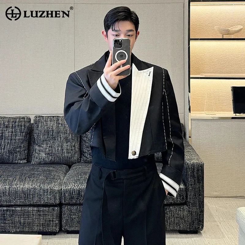 LUZHEN Contrasting Color Bright Line Design Short Blazers Original Men Personalized Trendy Street Male Casual Suit Jacket LZ7014