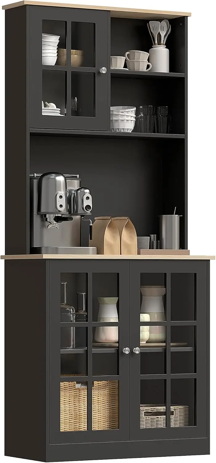 

Kitchen Pantry Storage Cabinet, 72" Freestanding Cabinet with Hutch, Large Countertop, Glass Doors and Adjustable Shelves