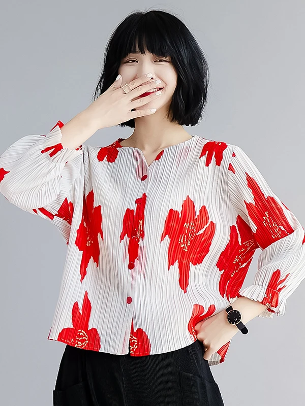 

High-End Pleated Print Open Cardigan Spring Summer New Small Design Flared Sve Single Buttoned Top Women's Faion irt
