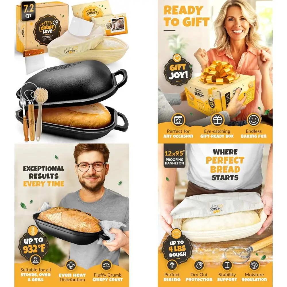 

Набор для выпечки хлеба на закваске с чугунной формой и крышкой, корзина для коннетона, вместимость 7,2 литра