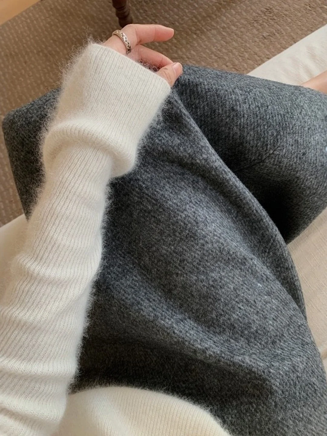 E Falda Midi de Lana de Talla ande con Estampado, Estilo Retro, Cintura Alta, Corte en A, con Abertura, para Mujeres...