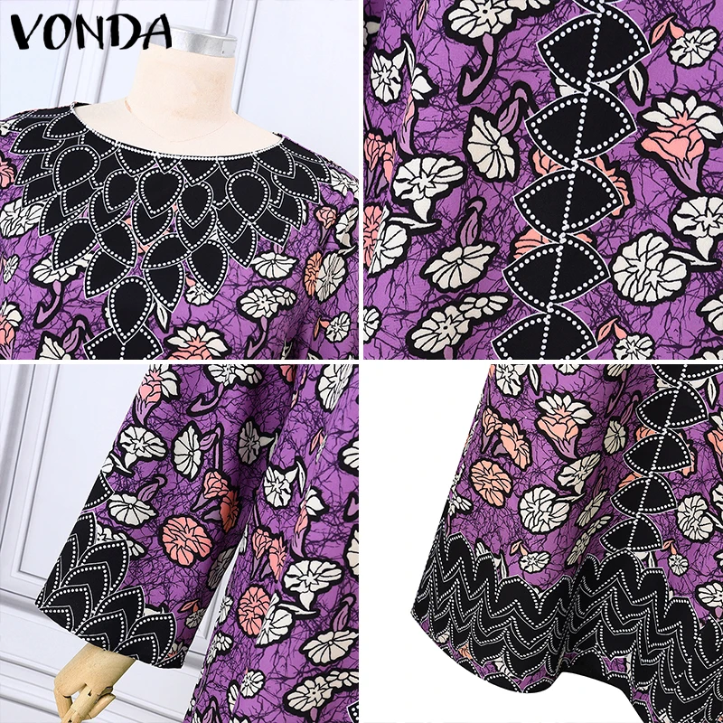 Vestido Boêmio Plus Size VONDA 2026 Verão Elegante para Mulheres Vestido de Impressão Vintage com Manga Longa Maxi Vestidos O-Colete