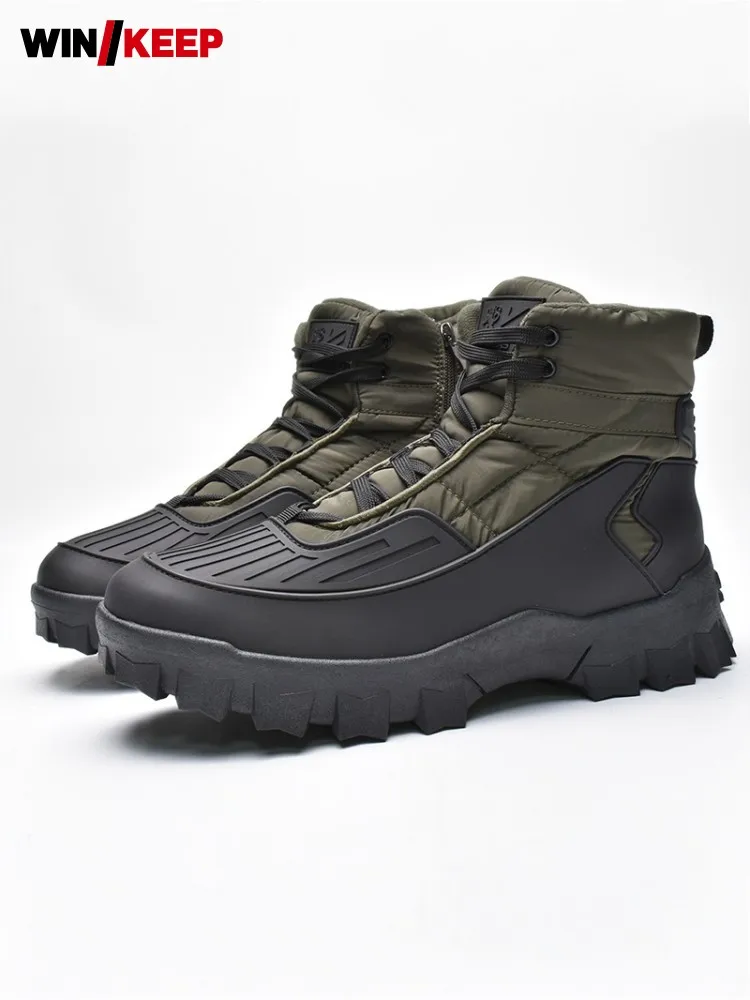 Winter Mens Warm Wool Lining High Top Hiking Shoes Wear Resistant Thick Platform Camping Shoes Spliced Trekking Sports Sneakers