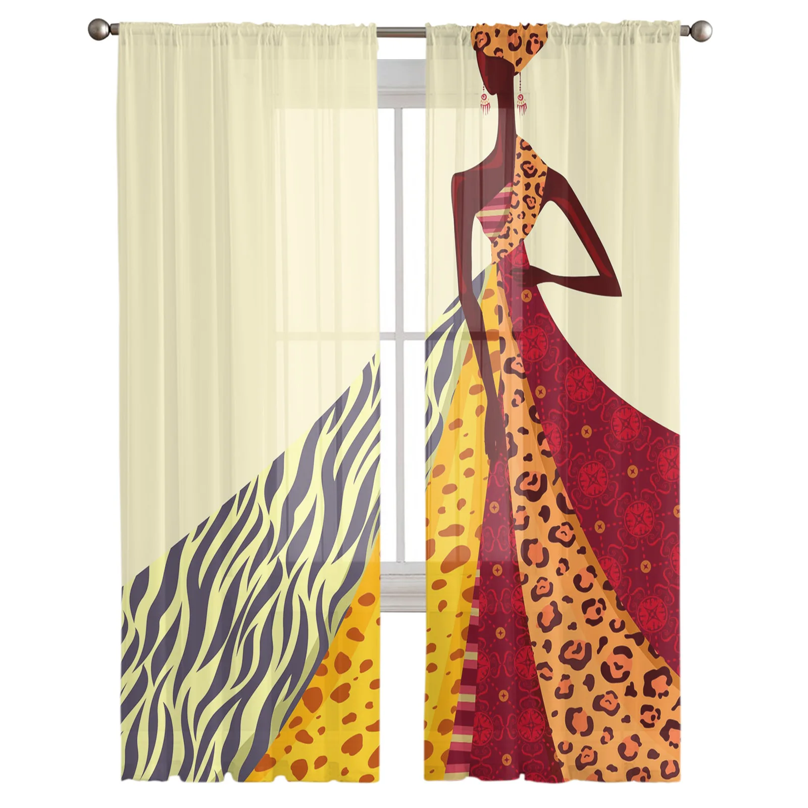 African Woman Leopard Skirt Bedroom Organza Voile Curtain Window Treatment Drapes Tulle Curtains for Living Room Sheer Curtains