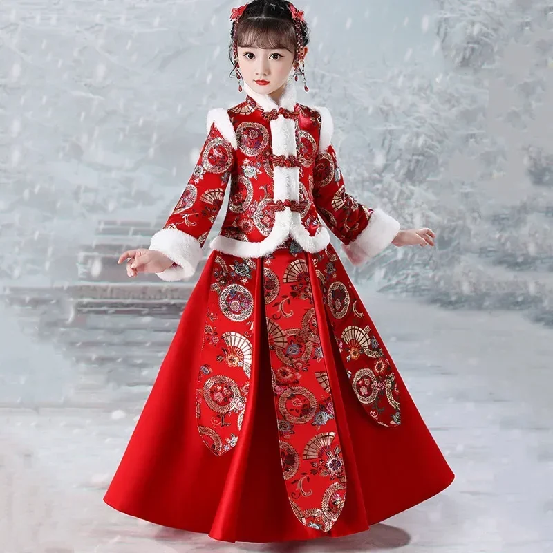 

Winter New Year Red Traditional Chinese Clothing Baby Hanfu Set Thicken Children's Tang Costume Vestido Girl Ancient Costume