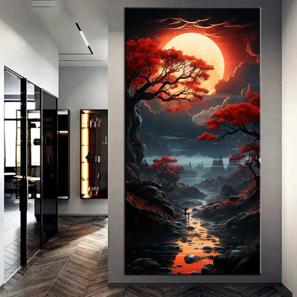 Full Square/Round Drill 5D DIY Diamond Painting The Moon and Red Trees Picture Diamond Embroidery Cross Stitch Home Decor