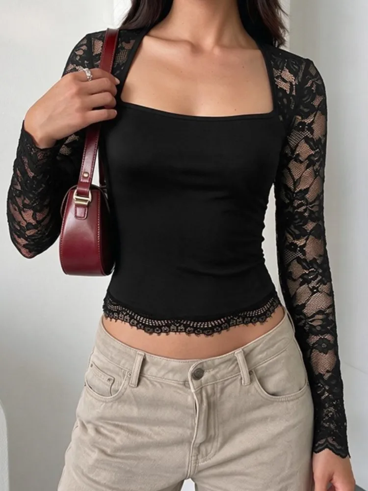 2026 New Autumn/Winter Women's Top Fashionable, Comfortable, Casual, Commuting Versatile Splicing Lace Hollow Hot Girl Top