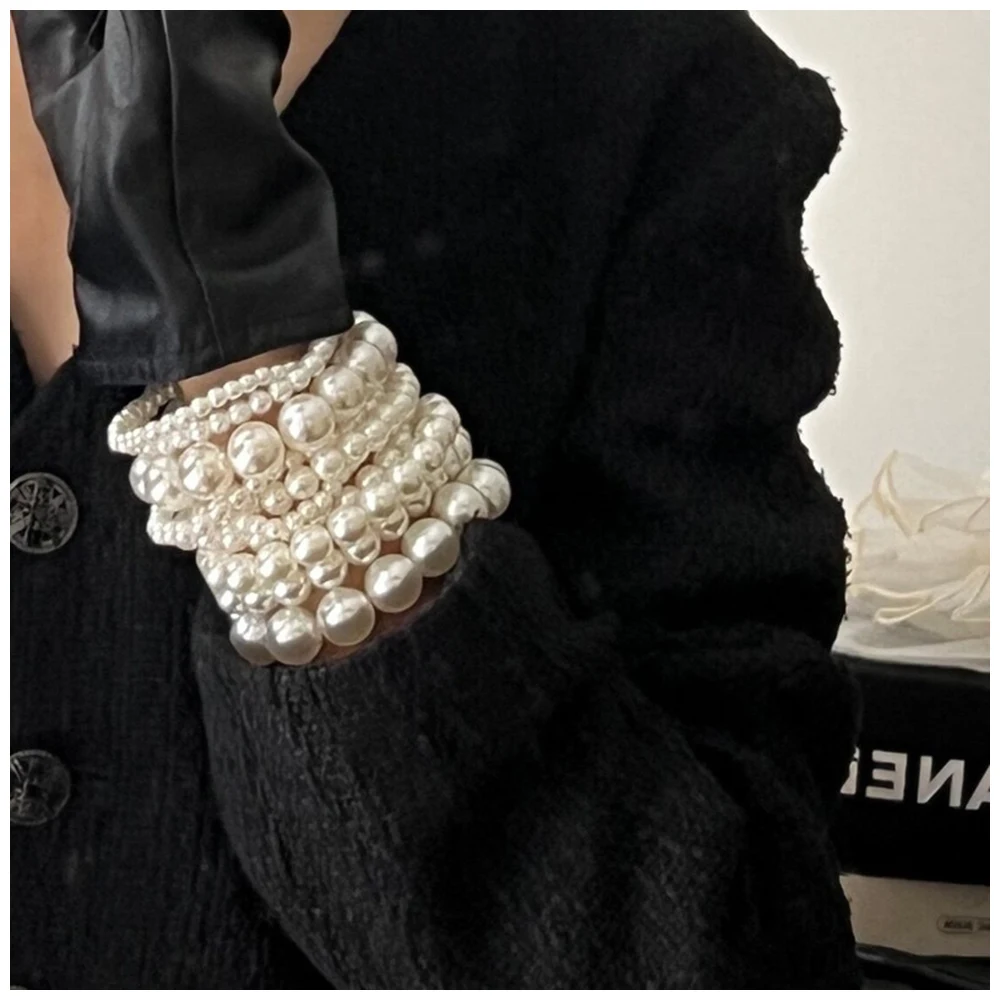 5pcs Per Set Elastic Imitation Pearls Bracelets for Women Size of Beads From 6 to 12mm Fashion Beaded Bangle Jewelry Accessory