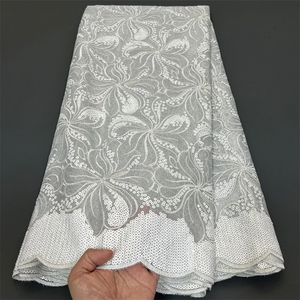 White Sequin Lace Fabric 2024 Lastest High Quality 5 yards African Nigerian Sequins Tulle Lace Fabric for Wedding Party PS0040