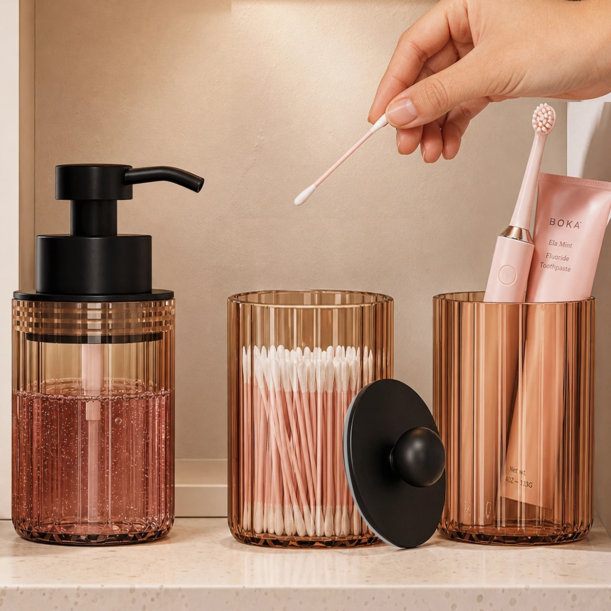 Bathroom Accessory Set of 3, Premium Bathroom Vanity Counter Lotion Soap Dispenser, Cotton Jar and Cup Kit, Elegant Housewarming