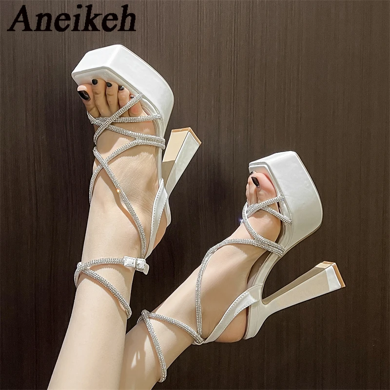 Aneikeh Water Diamond Hollow Open Toe Fashion Sexy Super High Heel Sandals Night Club Steel Pipe Dance Shoes Gladiator Sandals