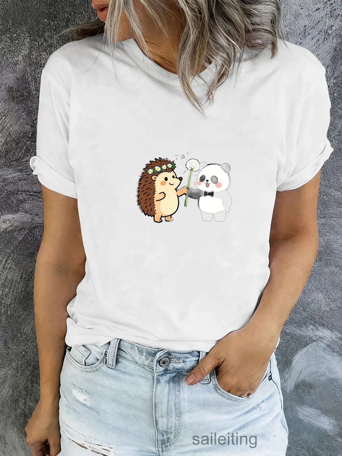 Cute Hedgehog & Panda Bear Cartoon T-Shirt Women Men Short Sleeve Summer Casual Kawaii Animal Print Graphic Tee Soft Breathab