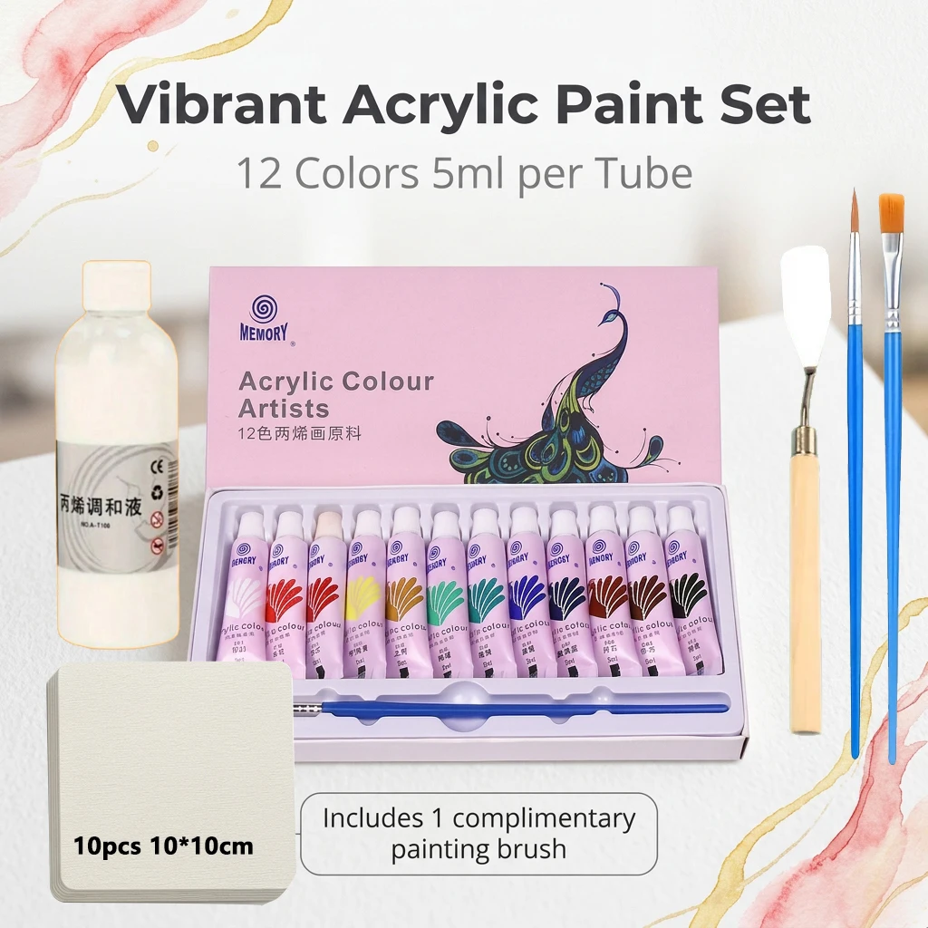 12/24 Colors 5ml Acrylic Painting Pigments Set with 100ml Blending Liquid 10 Sheets 10*10cm Watercolor Paper Scraper And 2 Brush