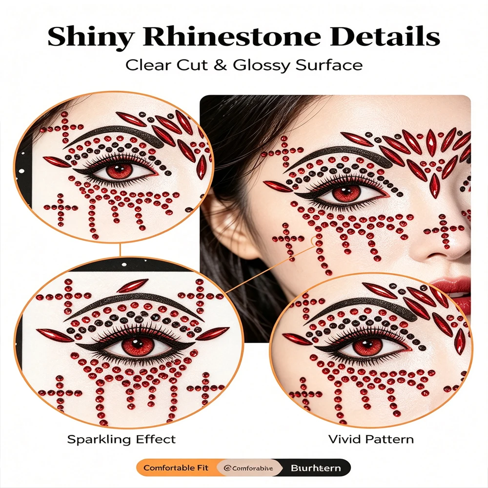 Halloween Face Gems Stickers 3 Styles Red Black Rhinestone Face Jewels Cross Eye Face Sticker Festival Face Body Makeup Decor T%