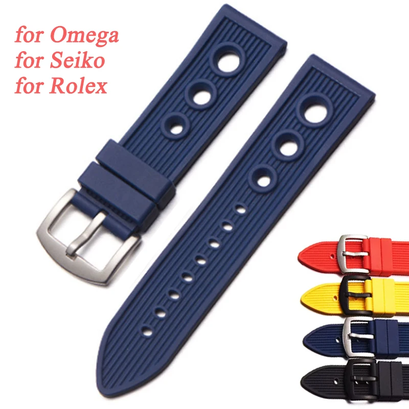 

22mm Silicone Waterproof Watch Strap for Seiko for Omega for Rolex Universal Wrist Band Black Blue Strap Metal Buckle Bracelet