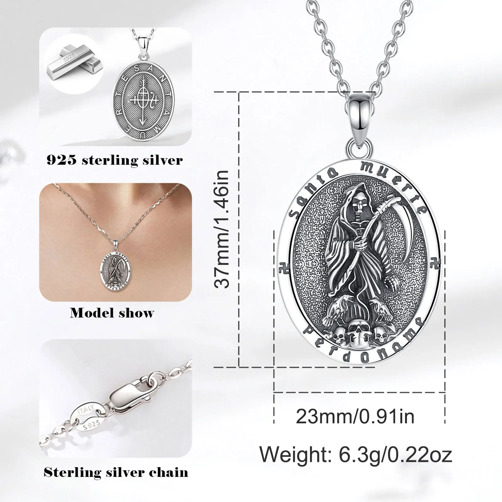 Eudora 925 Sterling Silver Holy Death Scythe Necklace Vintage Mexican Santa Muerte Pendant Personality Jewelry Women Man Gift