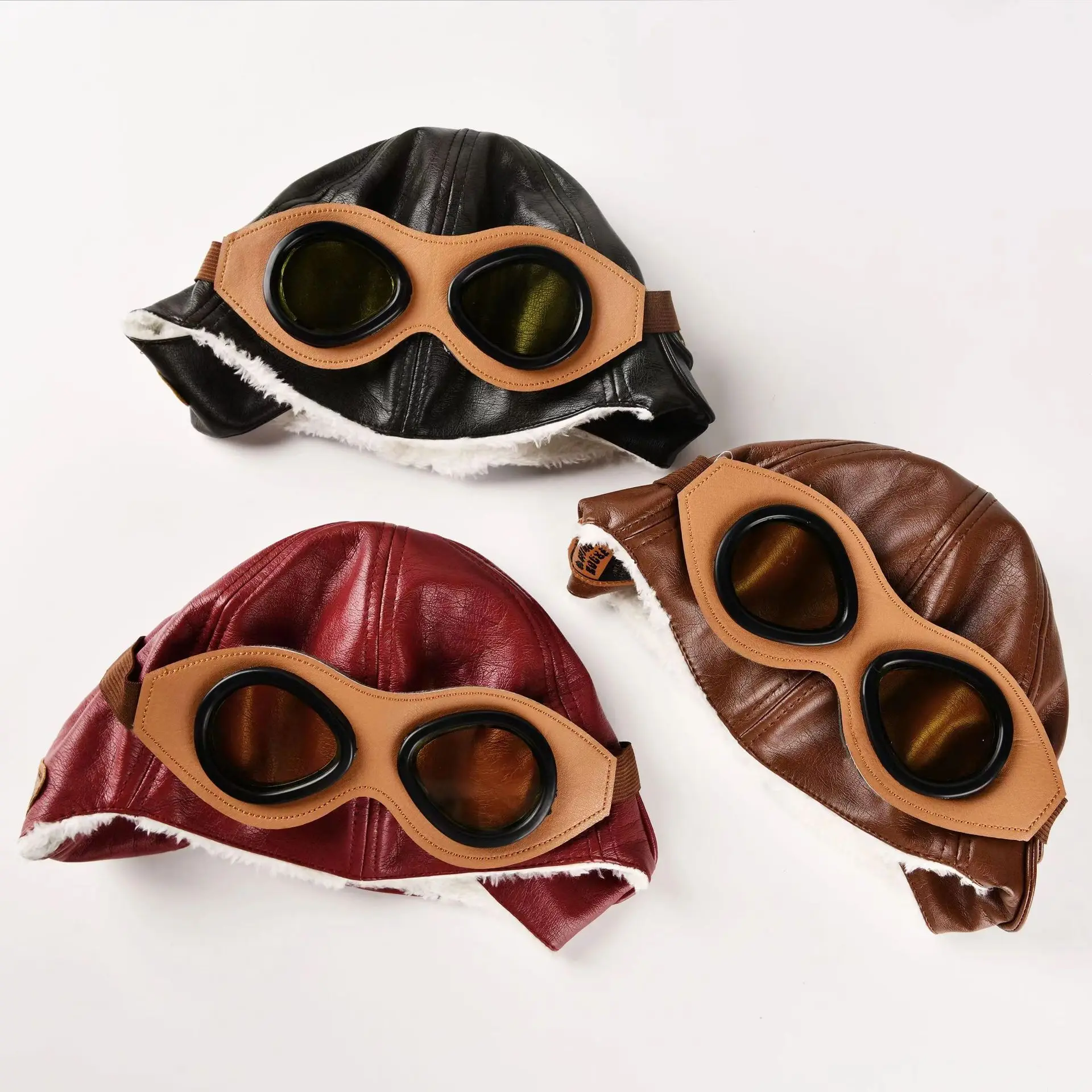 Leather pilot warm children's hat winter version with plush ear protection hat, about 50-52cm, suitable for about 2-8 years old