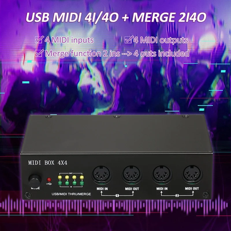 ABUO UM4x4 USB MIDI Interface Box, 4 In/4 Out 64 MIDI Channels, 4i/4o + Merge 2i4o, MIDI Box for PC for Mac, Plug and Play