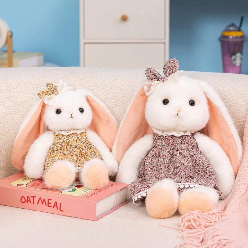Cute Floral Dress Bunny Plush Toy Soft Fluffy Long Ear Rabbit Stuffed Doll wKawaii Animal Plushie Kids Birthday Gift Home Decor