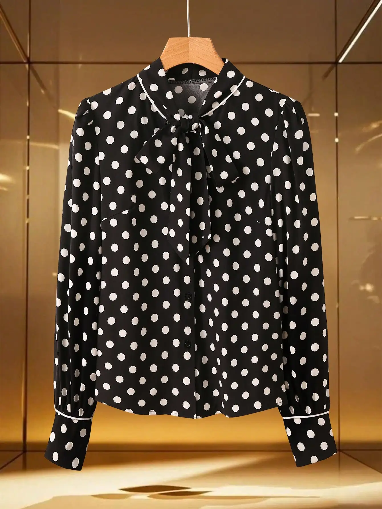 

Элегантная женская блузка с принтом в горошек, бантом на воротнике, контрастной окантовкой и длинными рукавами в винтажном стиле