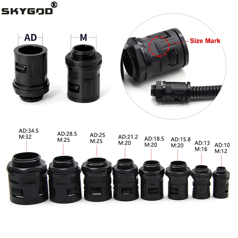 1~10pcs PP Corrugated Pipe Joint AD 10/13/15.8/18.5/21.2/25/28.5/34.5mm Cable Gland Nylon Joints Plastic Bellows Connector