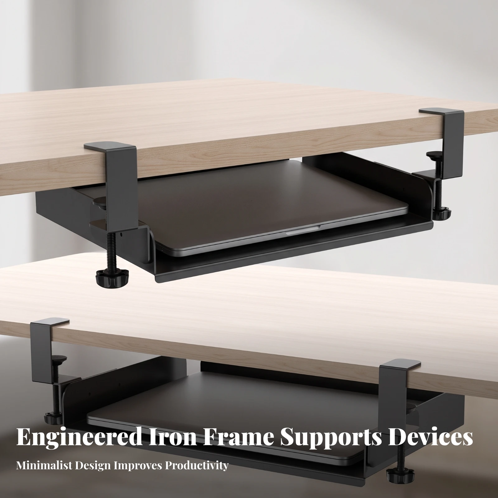 Under Desk Laptop Mount Clamp on Under-Desk Laptop Holder Organizer No-Drill Rack Space-Saving for Telecommuting Workers