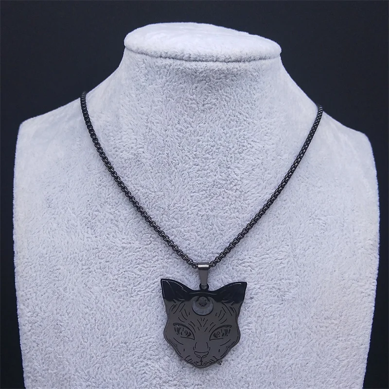 Goth Wicca Cat Moon Star Hollow Pendant Necklace Women Black Color Heptagram Witchcraft Stainless Steel Necklaces Jewelry N8574