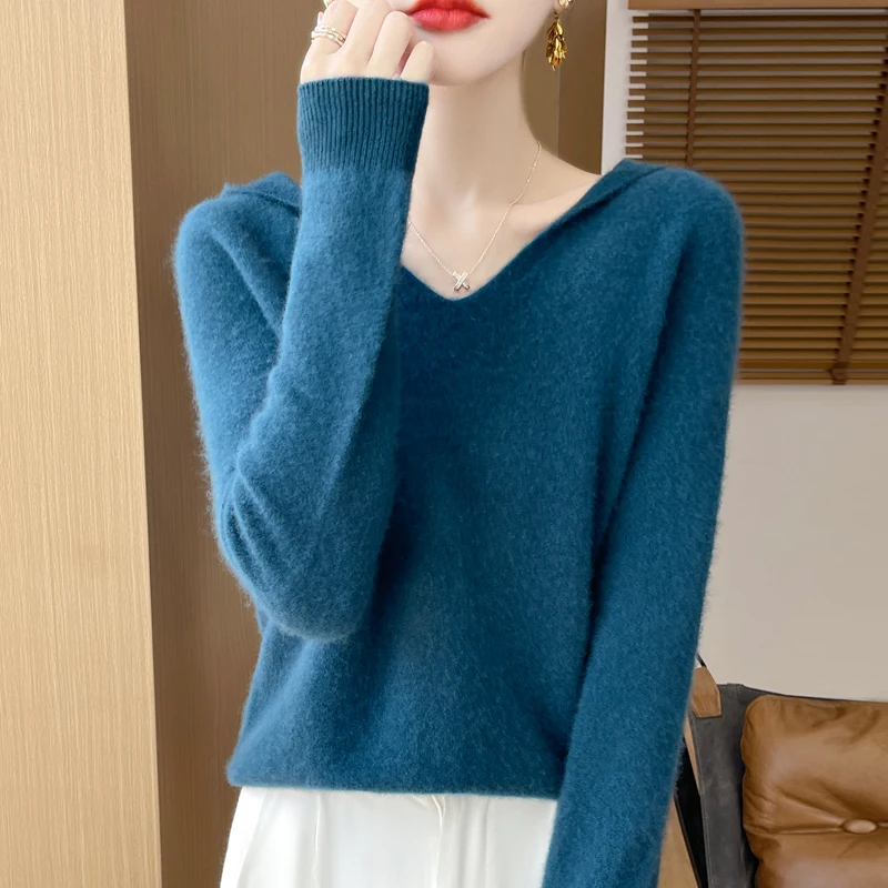 Women Autumn Winter Pullover Hoodies 100% Merino Wool Sweater V-neck Casual Loose Cashmere Knitwear Korean Fashion Female Jumper