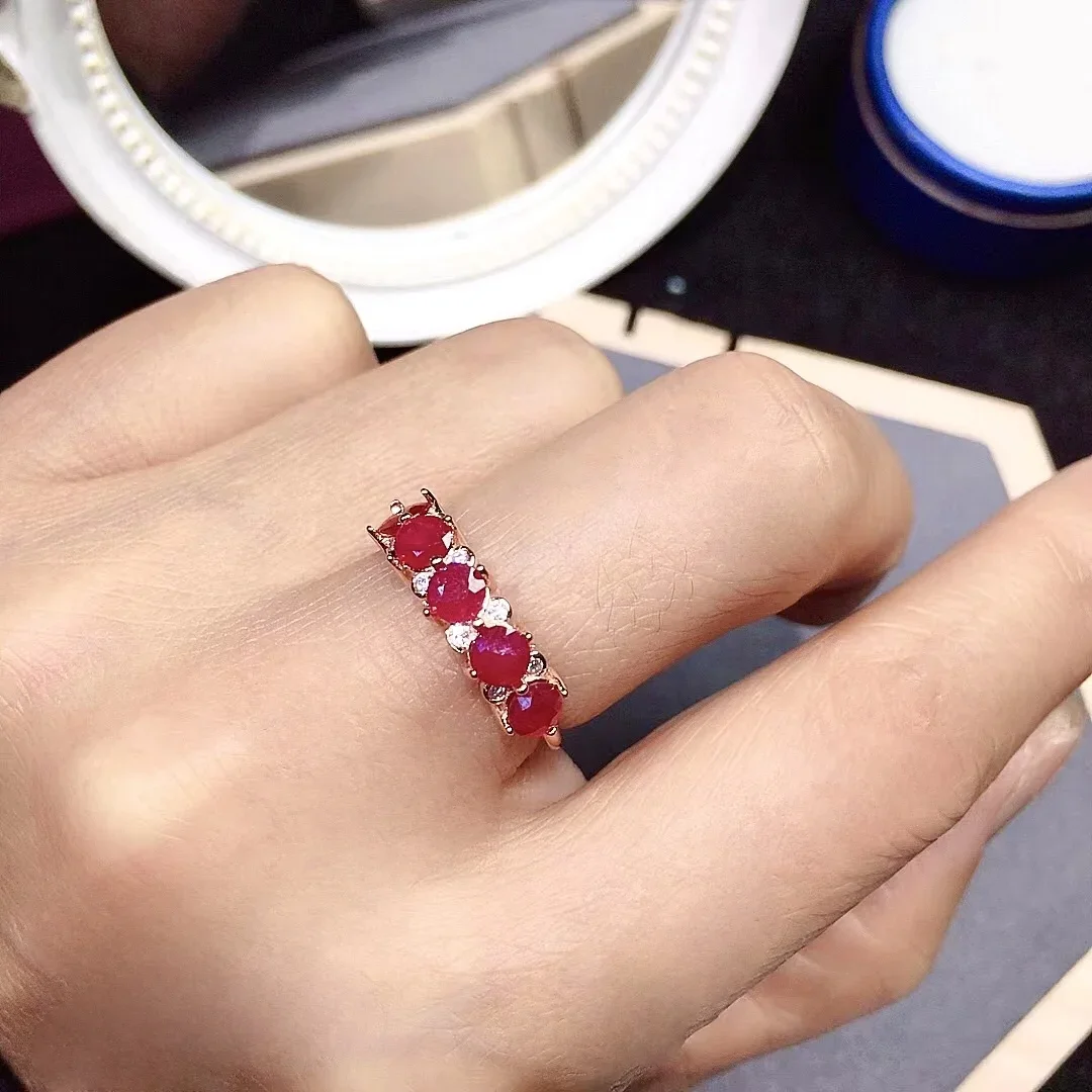 925 Silver Ruby Ring for Woman 5 PCS 4mm Natural Ruby Silver Ring Sterling Silver Ruby Jewelry Romantic Gift for Wife