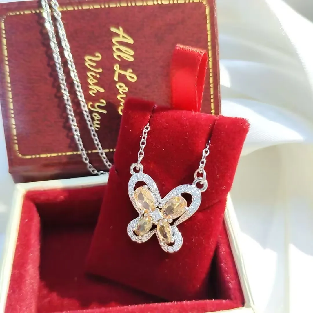 

925 Sterling Silver Light Luxury Elegant Versatile Champagne Zircon Butterfly Bright Jewelry Ladies Necklace
