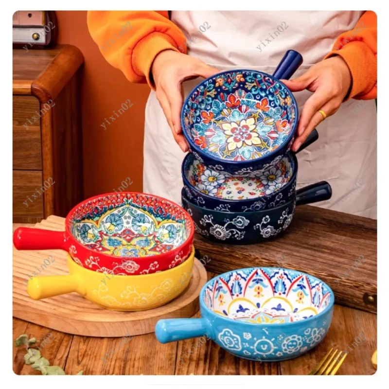 1PC Hand-Painted Ceramic Salad Bowl with Handle Embossed Microwave And Oven Safe Kitchen Bakeware