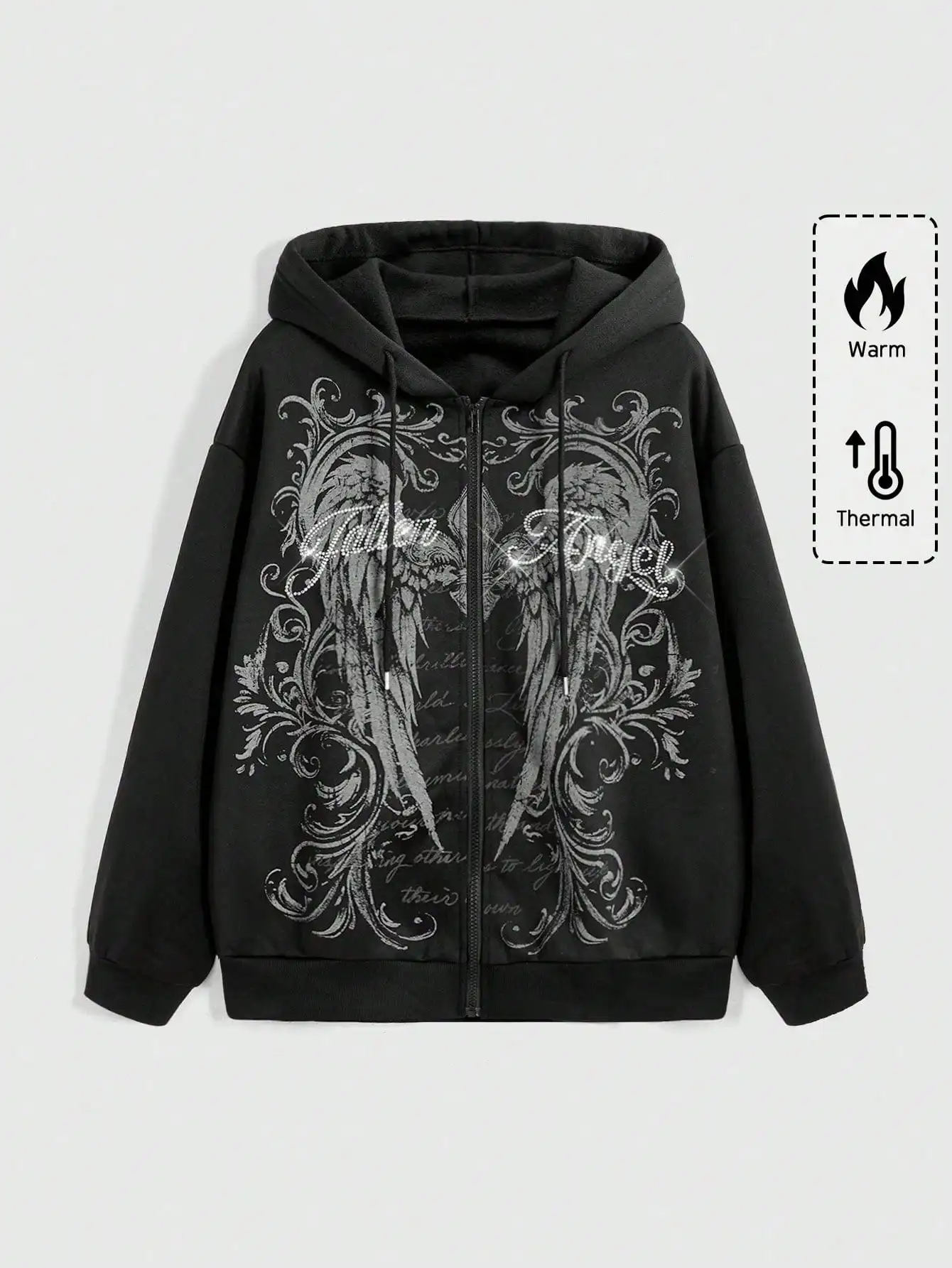 

Black Gothic Wing Print Zip-Up Hoodie with Rhinestone Detail, Warm Winter Sweatshirt for Women