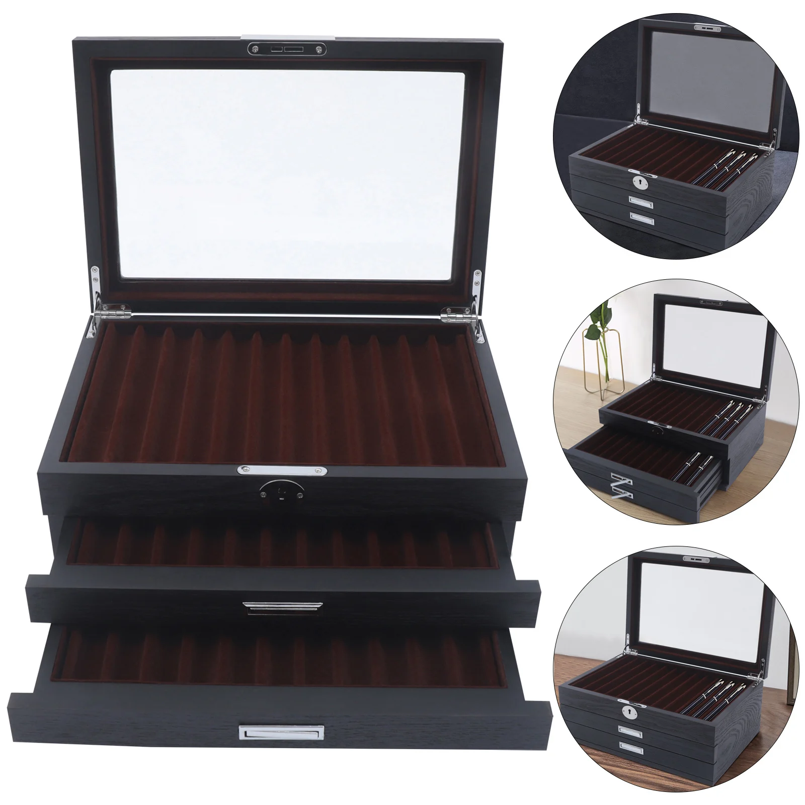 3 Layers Wood Pen Display Box Luxury Fountain Pen Collector 12 Slot Pen Storage Organizer Case with a Key