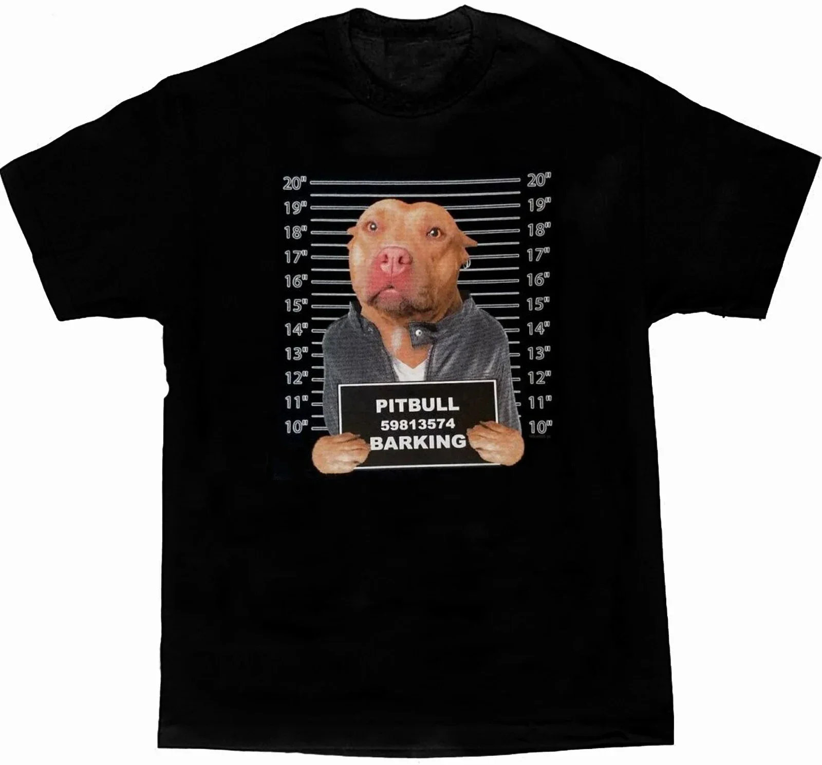Funny Dog Art Pitbull Dog Criminal Mug Shot Printed T-Shirt 100% Cotton O-Neck Short Sleeve Casual Mens T-shirt Size S-3XL