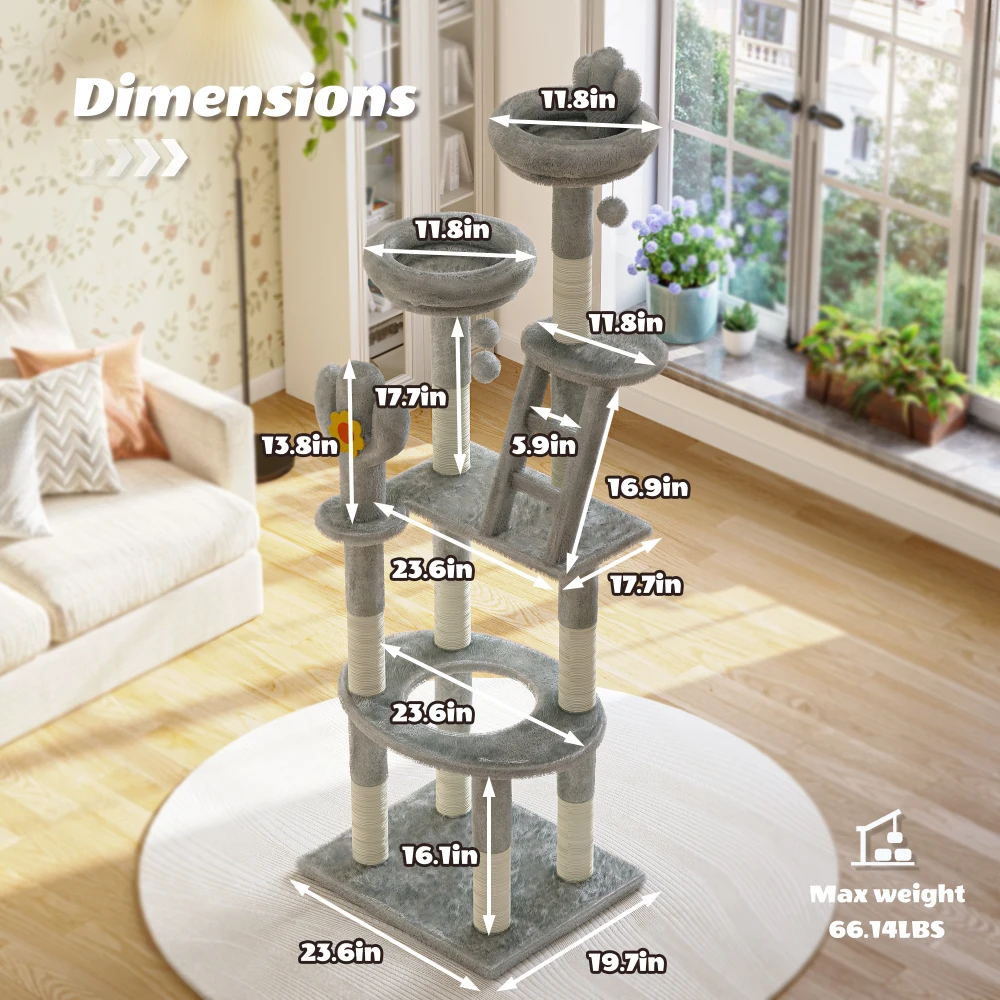 72" Tall Cactus Cat Tower Featuring Clear View Capsule, Durable Sisal Scratching Posts, Cozy Plush Platforms, and Built-in Interactive Toys – Perfect for Indoor Kittens & Big Cats - view 5