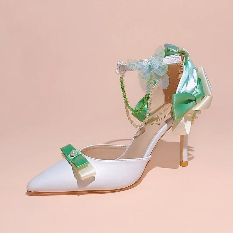 

Green Chiffon Bowknot Pointed Toe Sandals Pearl Tassel Ankle Strap Stiletto High Heels Women Fashion Bride Wedding Dress Pumps