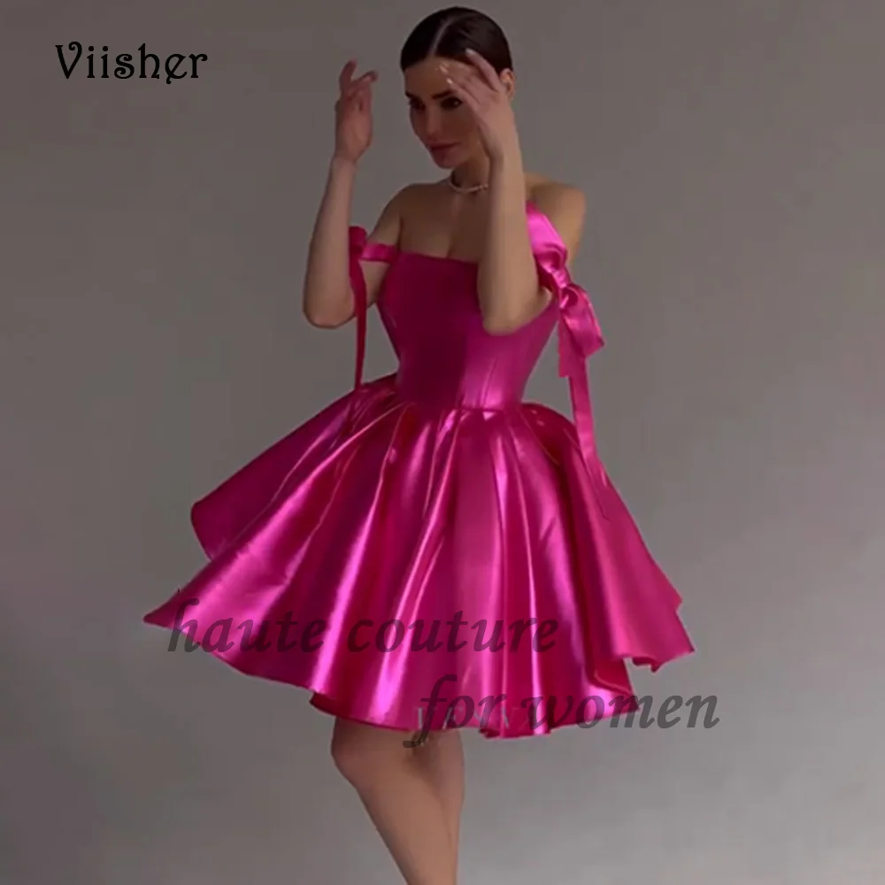 

Viisher Hot Pink Sparkly Satin Short Prom Dresses with Bow Strapless A Line Puffy Evening Party Dress Sexy Mini Cocktail Gowns