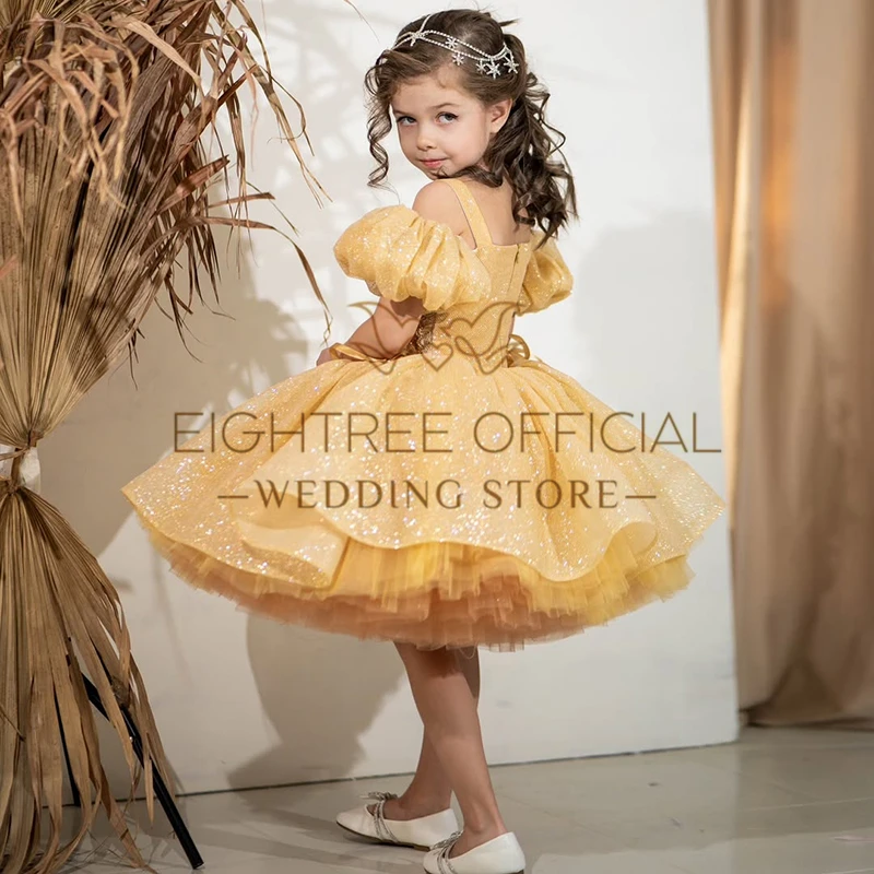 Eightree-Robe de soirée personnalisée pour fille, robe à fleurs scintillantes, robe de princesse à manches courtes pour enfants, anniversaire, Noël